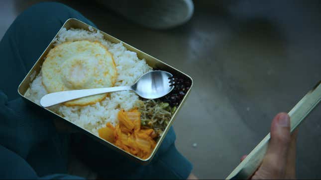 Lunch box with rice, egg, and kimchi, Squid Game