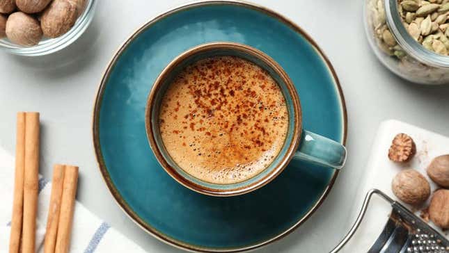 Coffee topped with cinnamon and nutmeg