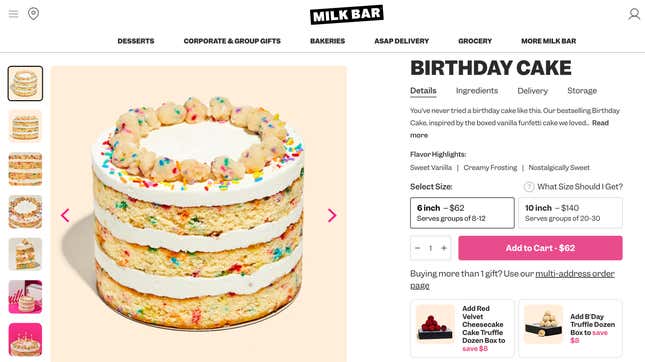 Milk Bar birthday cake ordering page