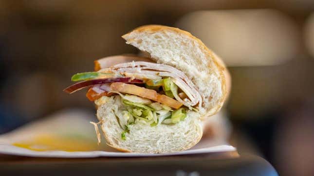 Subway sub sandwich in profile to show sliced deli meat