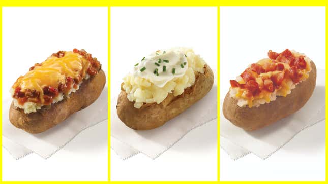 Wendy's Chili Cheese Baked Potato, Sour Cream and Chive Baked Potato, and Cheese and Bacon Baked Potato