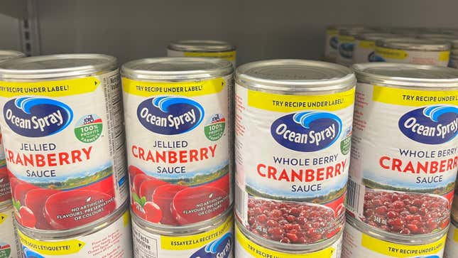 Cans of Ocean Spray jellied cranberry sauce on store shelf