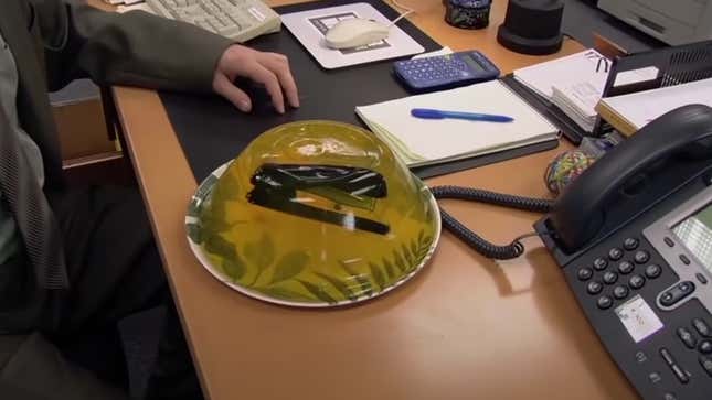 Dwight's stapler in Jell-O on The Office, season 1 episode 1