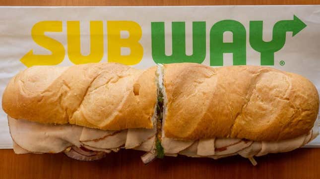 Subway turkey sub sandwich on Subway branded wrapper