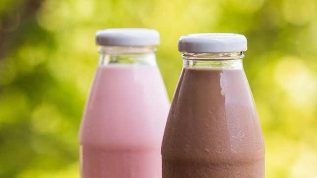 Chocolate and strawberry milk in bottles