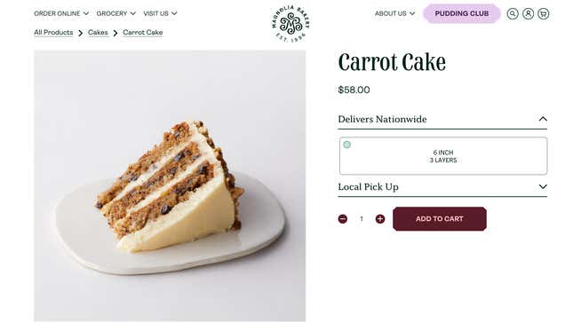 Magnolia Bakery carrot cake ordering page