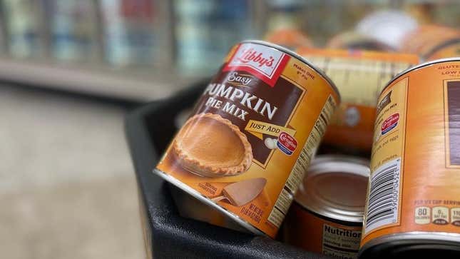 Canned pumpkin pie mix at grocery store near Thanksgiving